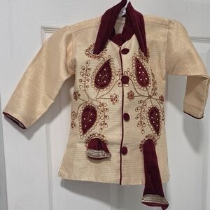 Khaki and Burgandy Embroidered Kurta Set